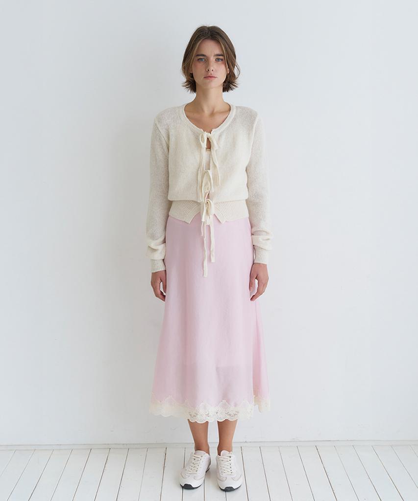 VEM.VER Lace Trim Satin Midi Skirt_Pink