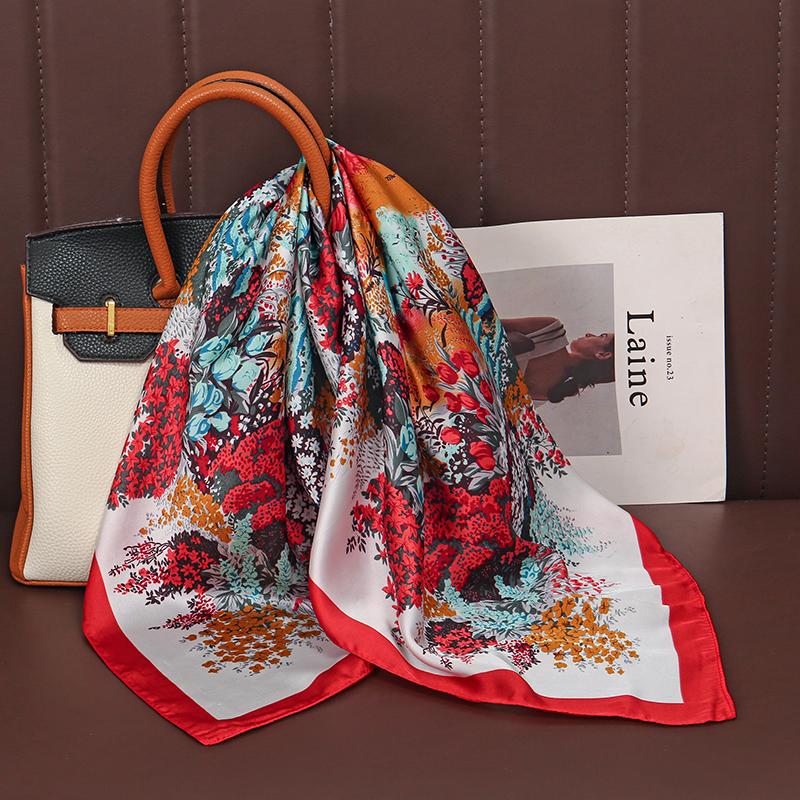 70cm Floral luxury Silk Feel Square Scarf Female Soft Satin Handle Hijab lady Bandana Foulard Bag Ribbon