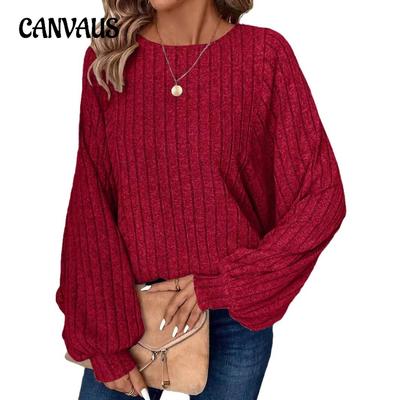 Autumn and Winter Plus-size Women's Comfortable Casual Solid Color Chic Lantern Sleeve Top Long Sleeve Knitwear