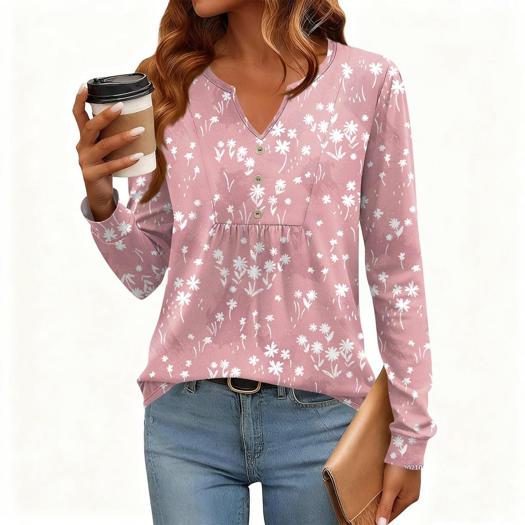 Γυναικείο Χαλαρό, V-λαιμόκοψη, Ρετρό Χρώμα, Μπλοκ με Φλοράλ Σχέδιο, Μακρυμάνικο Πουλόβερ T-shirt