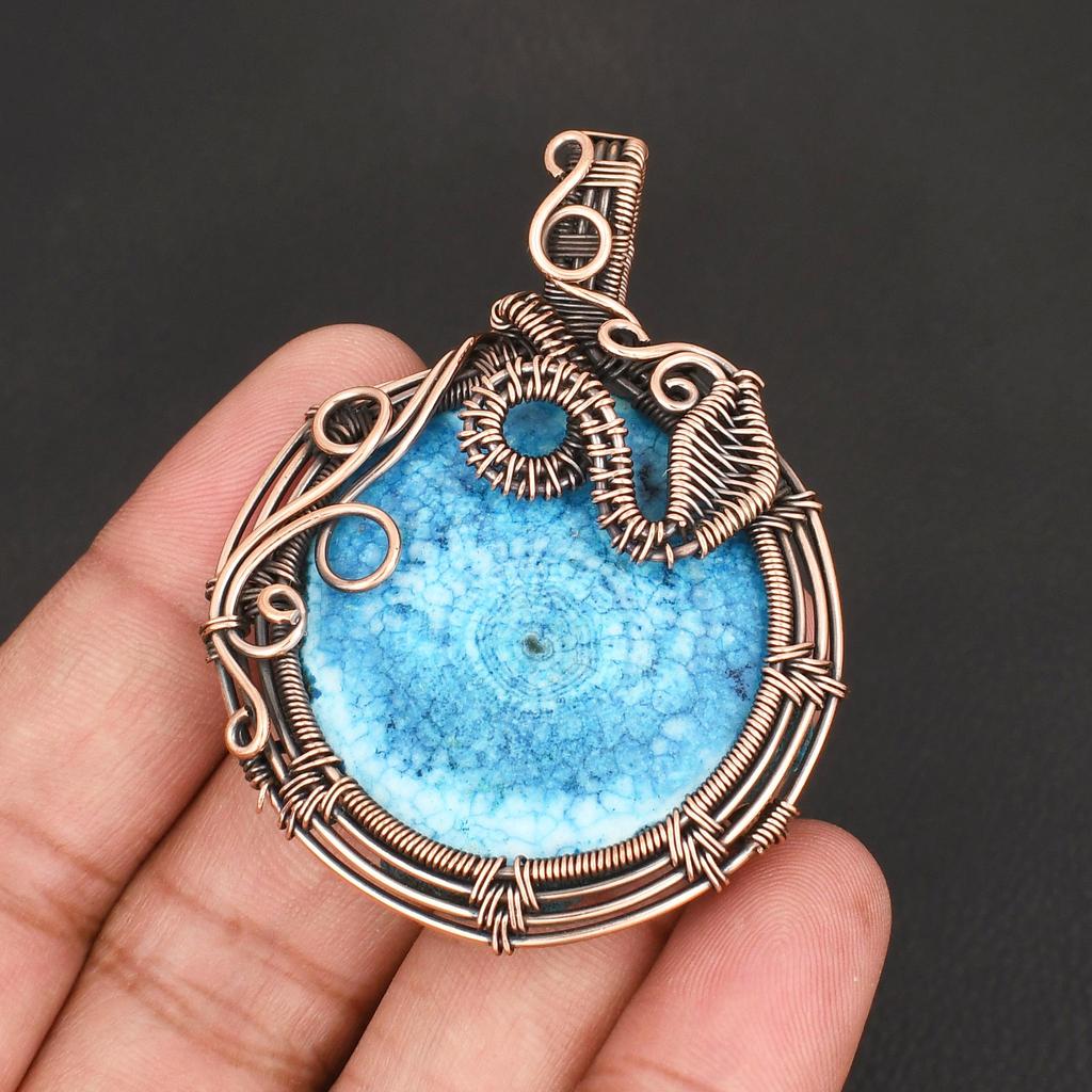 Handmade Copper Wire Wrapped Pendant Natural Blue Solar Quartz Stone Necklace Unique Boho Jewelry for Women