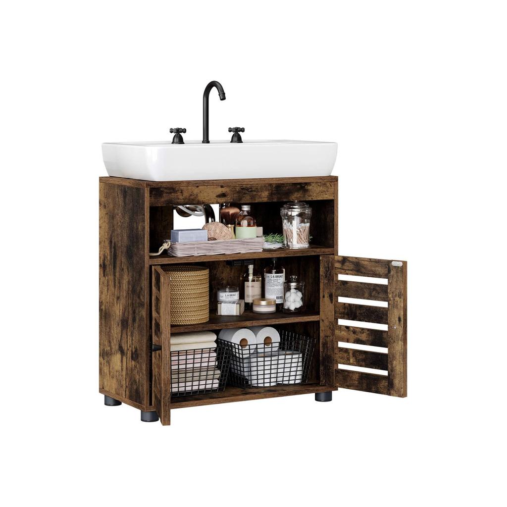 VASAGLE Under Sink Cabinet, Bathroom Vanity Unit, Storage Cupboard, 60 x 30 x 63 cm, with 2 Louvered Doors, Adjustable Shelf, Rustic Brown