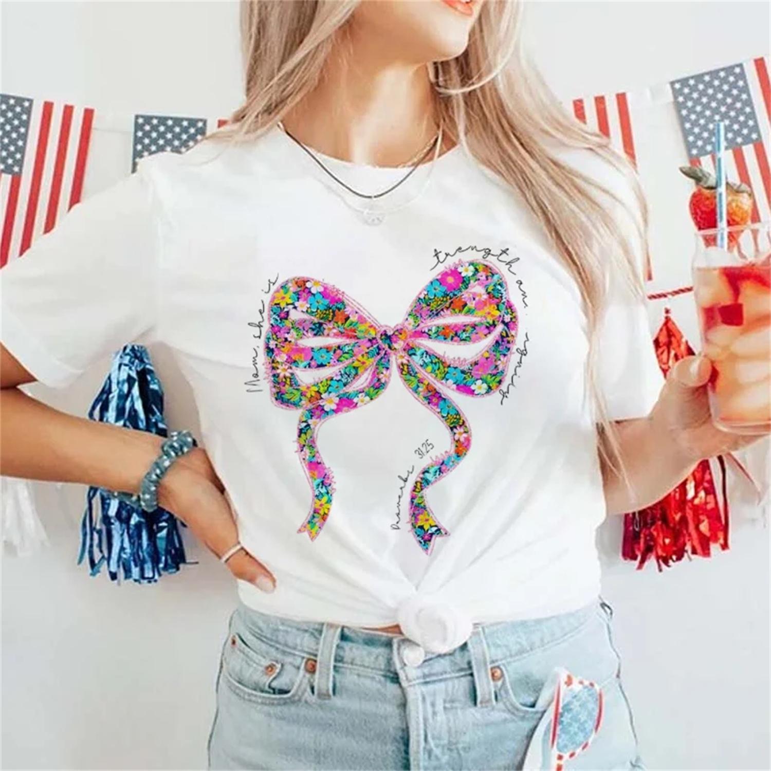 

Summer Women s Flower Bow Printed Pattern Short Sleeve Fashion Printed Basic T-Shirt Cartoon Style Women s Casual T-Shirt Top XXXXXL білий