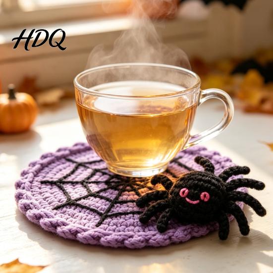 Coffee And Tea Cup Coaster Halloween Spider Web Coaster Handmade Crochet Heat Resistant Drink Mat for Crocheted Yarn Pad Table Spooky Gothic