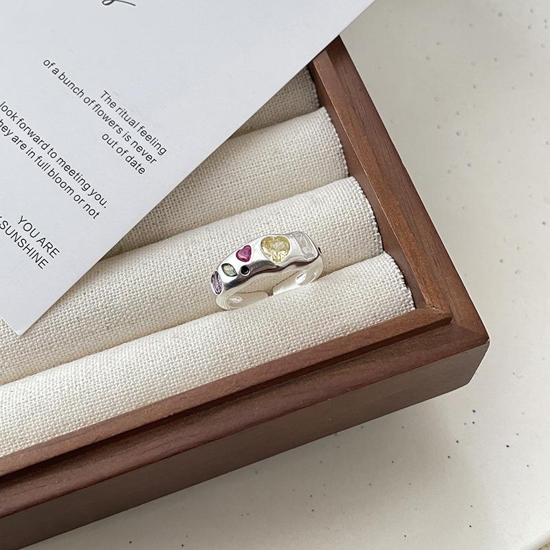 Copper Shaped Heart Adjustable Ring For Women With Vibrant Colorful Zircon Stones Design