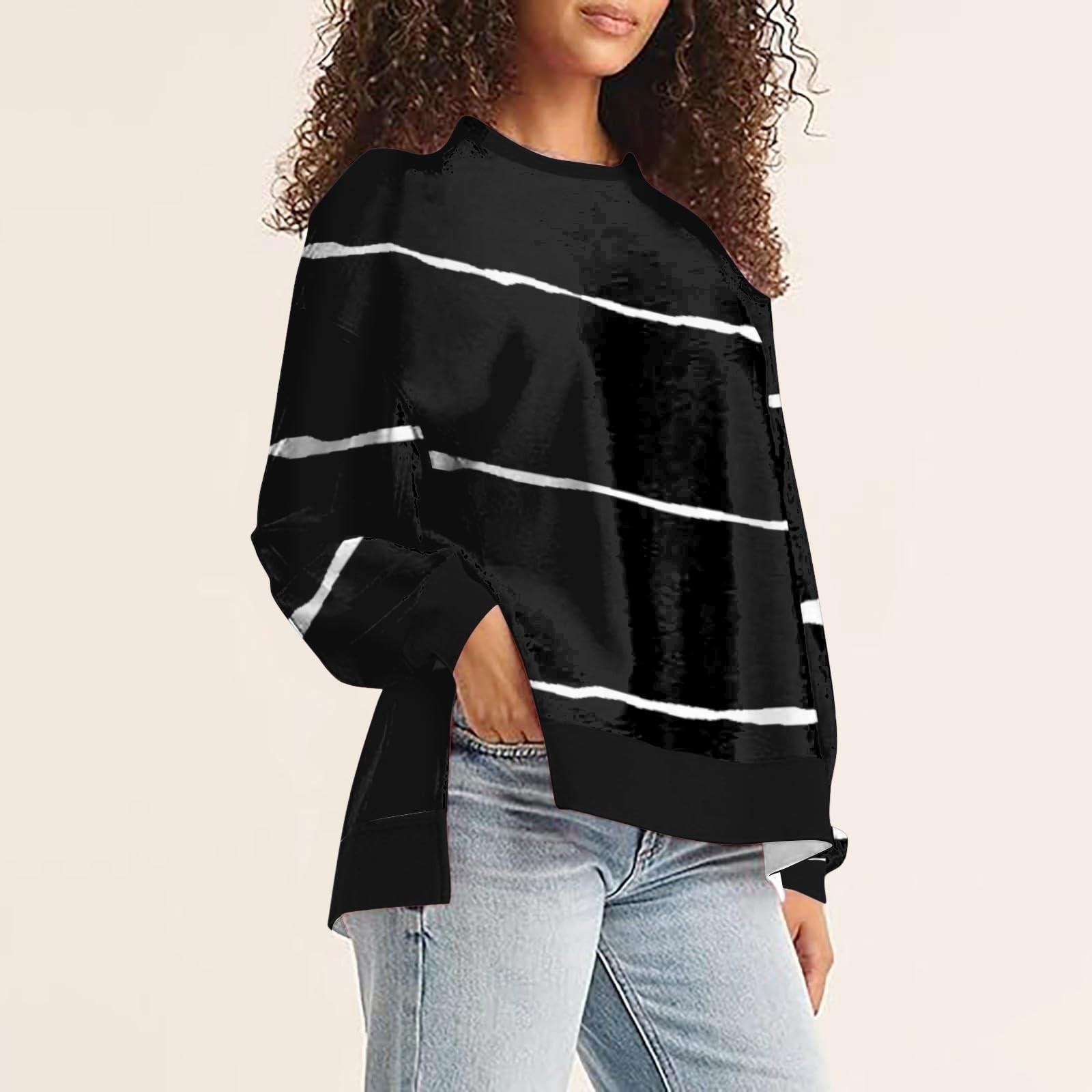 

Женская повседневная свободная толстовка-пуловер с принтом в полоску, с длинными рукавами, с разрезом XXL чёрный