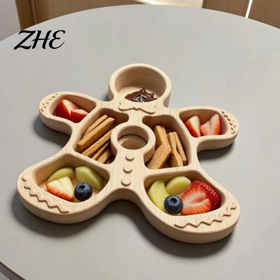 Holiday Table Centerpieces Wooden Christmas Divided Tray, Gingerbread Man Santa Xmas Tree Compartment Snack Claus Party Platters Platter, Wood