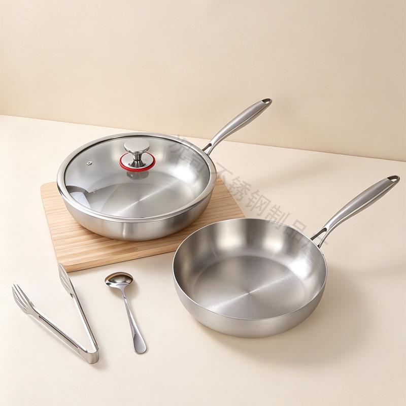 304 Stainless Steel Non-Stick Wok - Flat-Bottomed, No Coating, Low-Smoke, Three-Layer Cookware