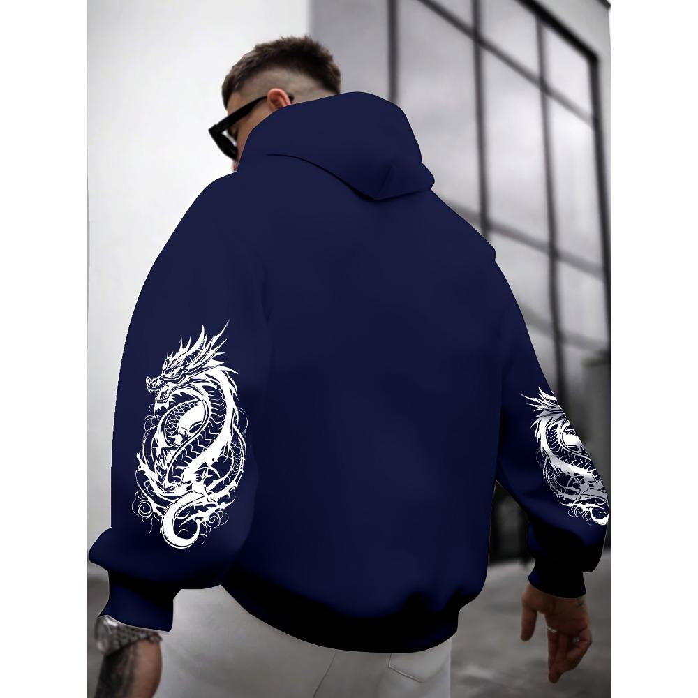 Dragon Element Print Pocket Hooded Sweatshirt Is Suitable for Daily Holiday Outdoor Wear, Autumn And Winter Thickened Men'S Print Hoodie