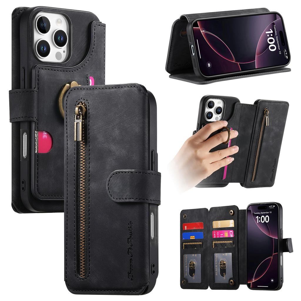 Luxury Zipper Cards Solt Wallet Leather Flip Case For iPhone 16 Pro Max 15 Plus 14 13 12 11 Ring Holder Purse Bag Cover Fundas