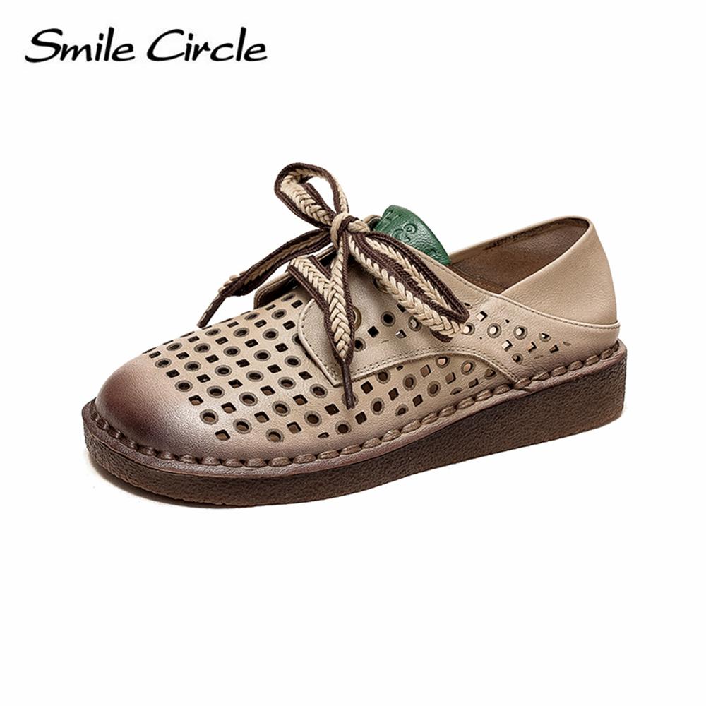 

Женские сандалии из натуральной кожи, модная повседневная обувь на шнуровке, женская обувь на плоской подошве с низким верхом и отверстиями