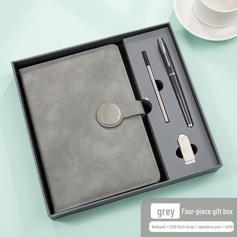 Set de regalo de cuaderno retro de alta gama: Incluye bloc de notas con hebilla redonda, manual, unidad USB y cierre magnético para reuniones de negocios.