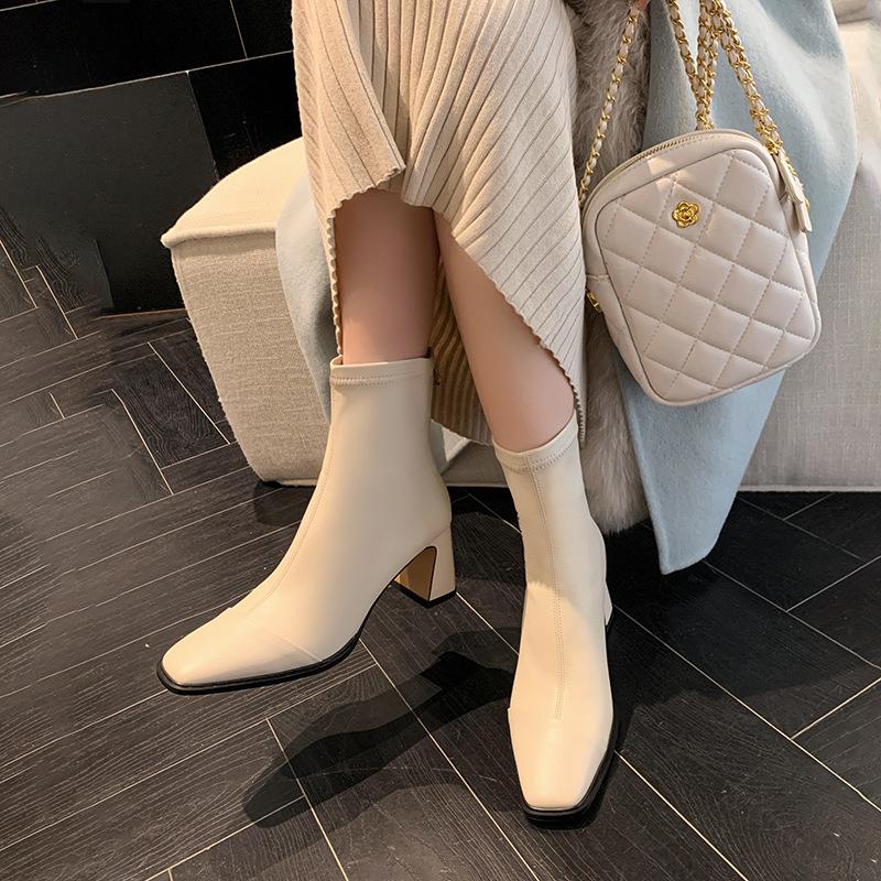French retro thin boots women's Martin boots autumn and winter temperament foreign style square head high heels short boots thick heel elastic single