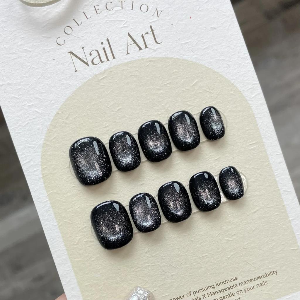 10 Pcs Purple Cat Eye Short Ballerina Press On Nails Handmade Full Cover Fake Nails Stick On Manicure Tips