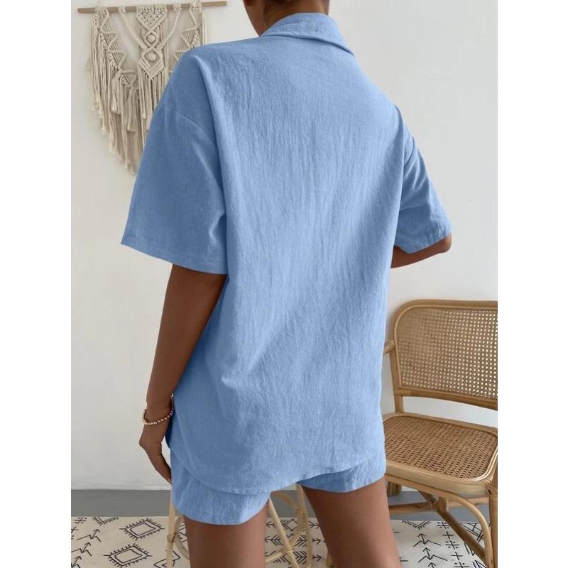 Cotton and Linen Fashion Set, Solid-color Pocket Patch Off-the-shoulder Shirt and Shorts, Solid-color Short-sleeved Shirt