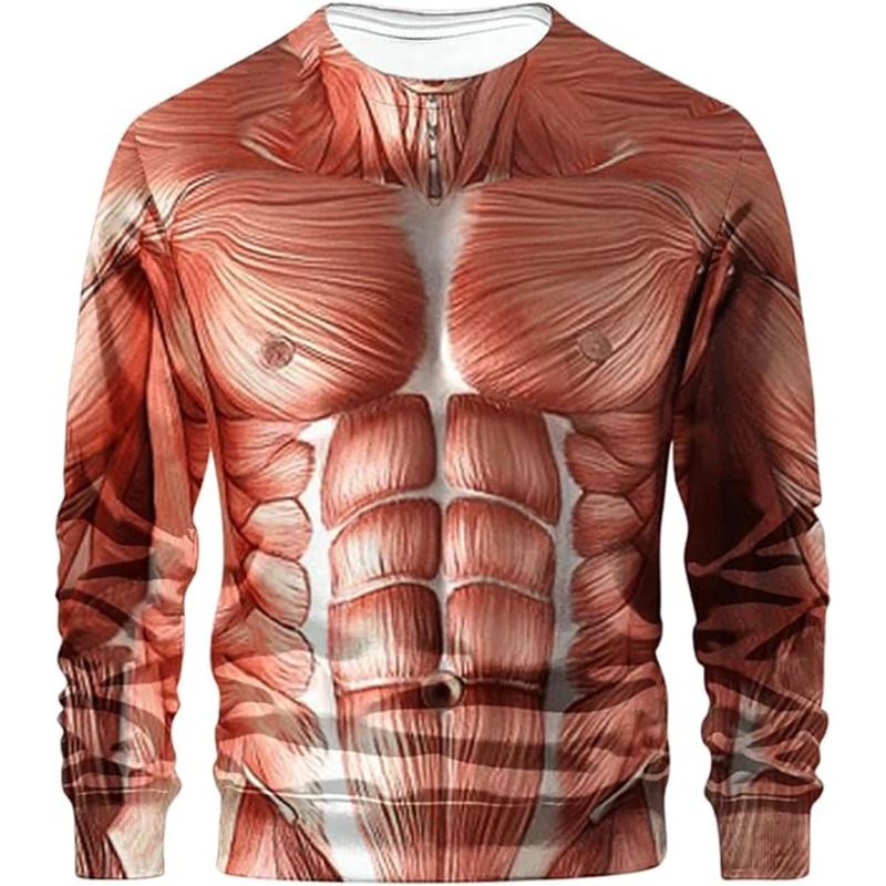 Funny Mens Muscle Graphic Long T-Shirt 3D Printing Fashion Round Neck Sport T Shirt Tops Casual Long -Sleeved Tee Mens Clothing