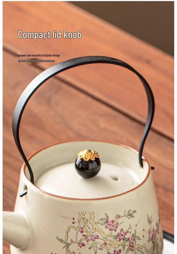 Wisteria Flower Handle Ru Kiln Ceramic Teapot & Teacup Set - Gongfu Style