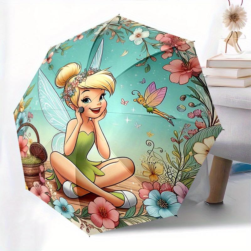 Disney Tinkerbell Automatic Open/Close Umbrella - Cute Umbrella with Cute Design, Portable 3-Fold Compact Umbrella for Men & Women, Valentin