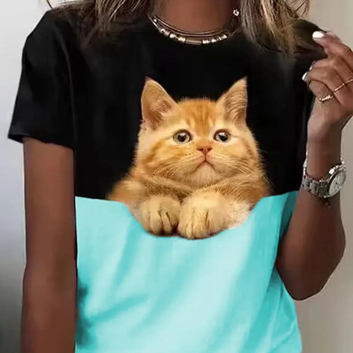 

Летняя женская футболка с 3d карманом и принтом кота, женская модная футболка с коротким рукавом и графическим рисунком, милые топы, футболки, забавная одежда 2XL