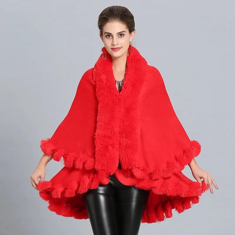 10 Colors Winter Warm String Faux Fox Fur Long Knitted 2 Layer Poncho Cape Cloak Oversize Women Cardigan Loose Shawl Street Coat
