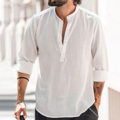 European American Foreign Trade Men's Casual Stand-up Collar Solid Color Long-sleeved Shirt WISH Slub Cotton and Linen Shirt