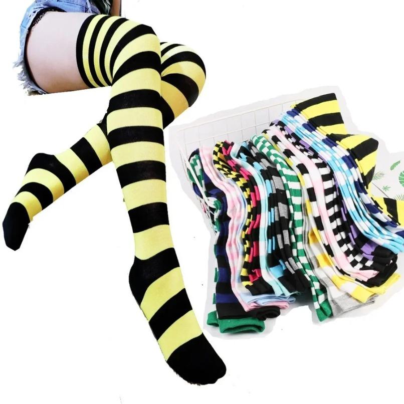 Thigh High Stockings Womens Striped Ladies Girls Black White pink Long Over Above Knee Socks femboy Cosplay Lolita Harajuku Y2k