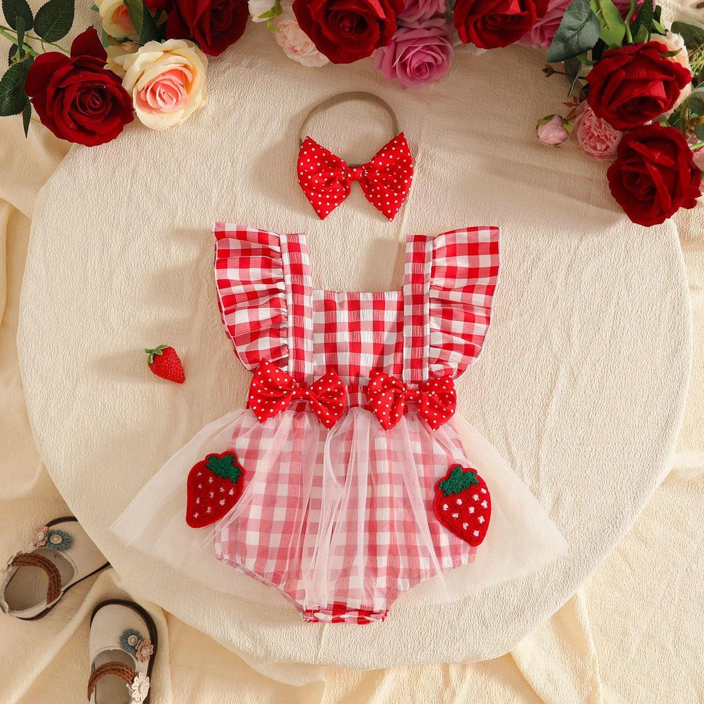 Sweet Baby Girl Fruit Flower Mesh Patchwork Dress with Lace Trim, Bowknot, Harem Skirt, and Hair Tie.