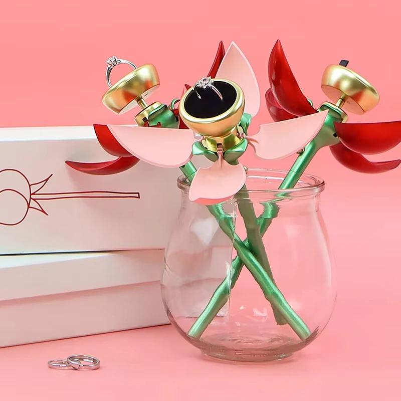 Dustproof Flower Proposal Ring Box Elegant Pink Auto Blooming Jewelry Box Waterproof Red Rose Ring Box Valentine's Day