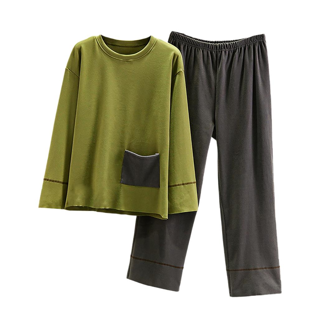 Ladies' Casual And Comfortable Long Sleeved Solid Color With Thick Velvet Sleepwear And Warm Pants Set