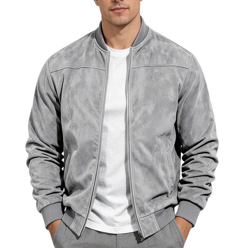 Men S Suede Jacket Stand Collar Long Sleeve Zip Up Casual Coat
