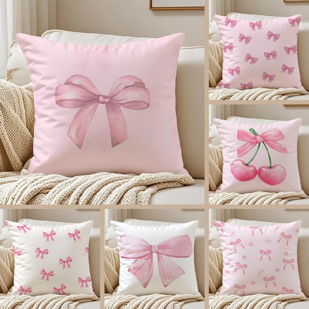 Pink bow cherry Cushion Cover Pillowcase Antidustmite Invisible Zipper Short Plush Sofa Cushion