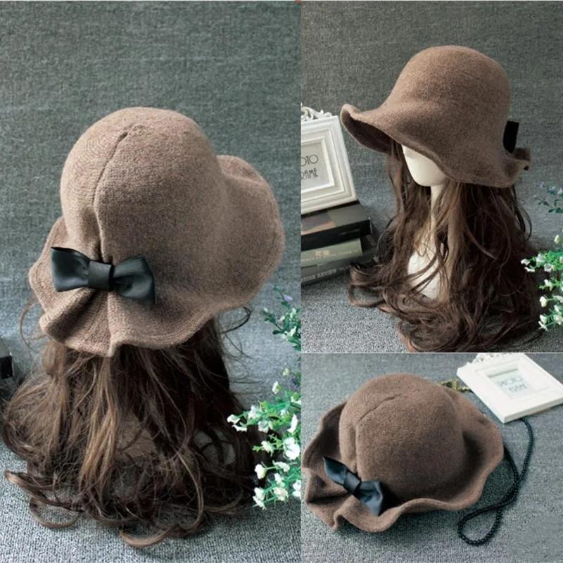 Vintage Wool Bucket Hats Ladies Bowler  Fashion Bows Basin Hat Fisherman  Woman Winter Black Coffee Dark Camel Hat