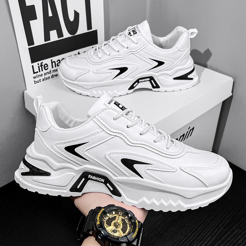 Men's Shoes Spring Trendy Brand Versatile Student Casual Leather Surface Sports Running Thick Sole Heightening Little White Dad Trendy Shoes Non-slip