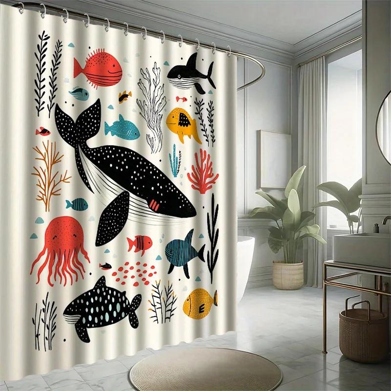 4 Stück, Cartoon Kleiner Fisch Duschvorhang Set, Verschiedene Kleine Fische, mit 12 Haken, Polyester Stoff, mit Badezimmer Anti-Rutsch
