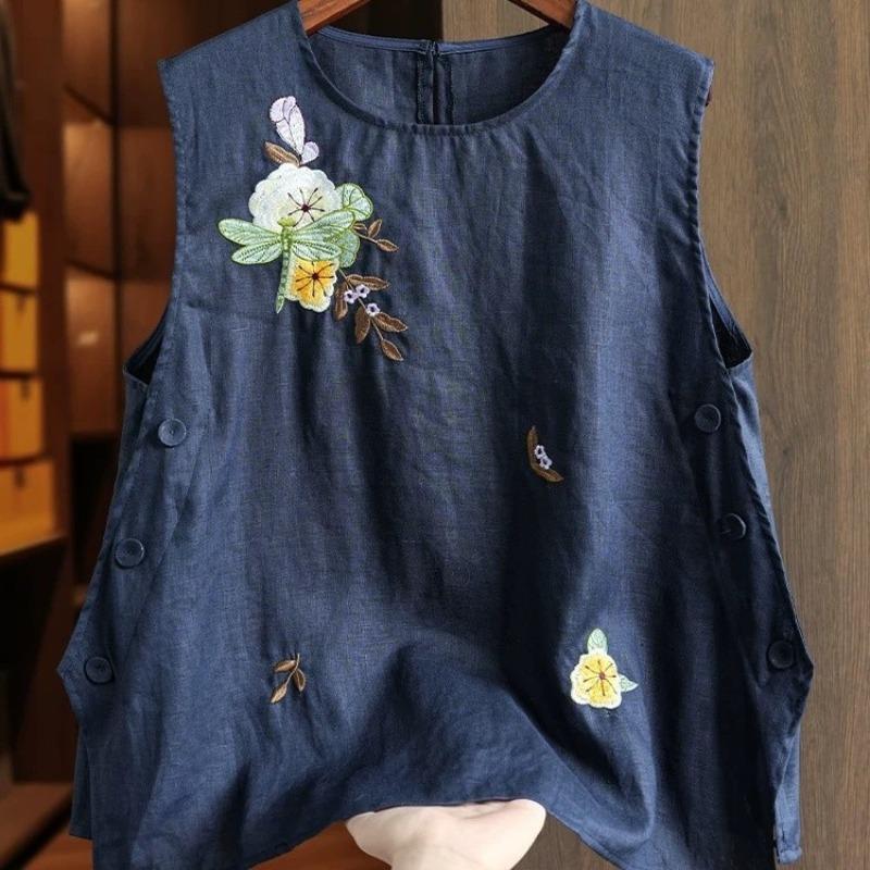 Chinese Style Cotton Vest Vest Ladies Summer Embroidered Button Design Sleeveless Top