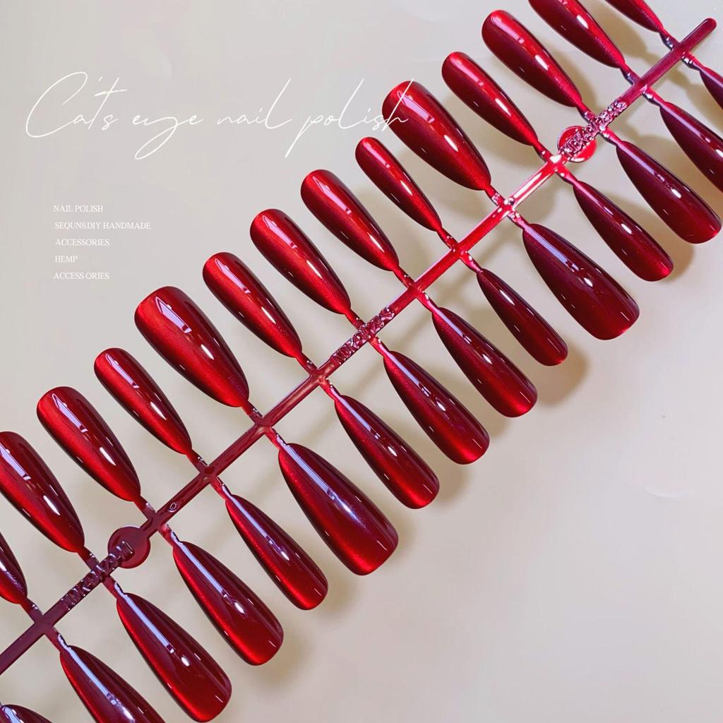Solid Wine Red Cherry Cat Eye Press-On Nails - Dark Red Long Nail Tips