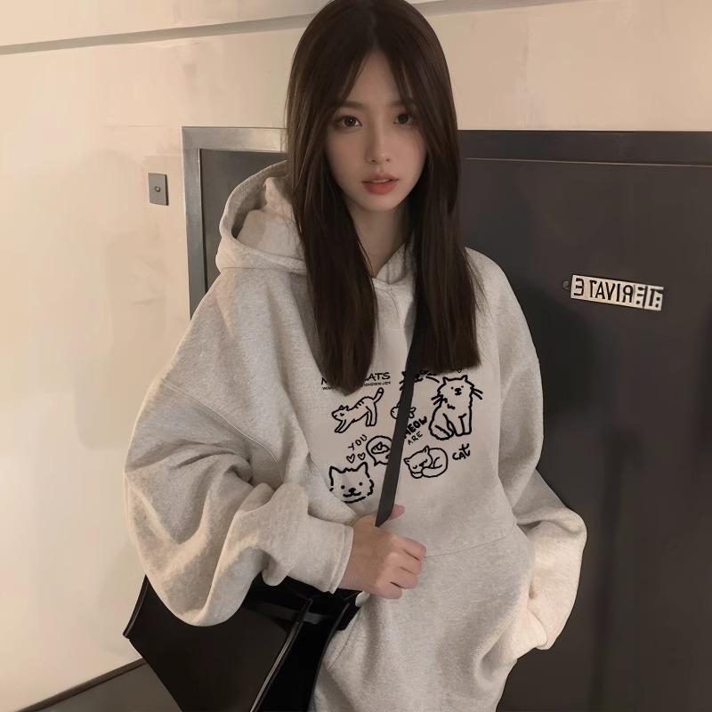 Women's American-Style Thickened Hoodie, Autumn/Winter 2024, Plus Velvet Heavyweight, Loose Fit, Lazy Style Outerwear