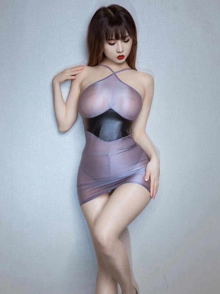 Sexy Women's Pencil Dresses Backless PU Patchwork Mesh Sheer Package Hip Mini Dresses Nightclub Party Allure Dresses Woman Cloth