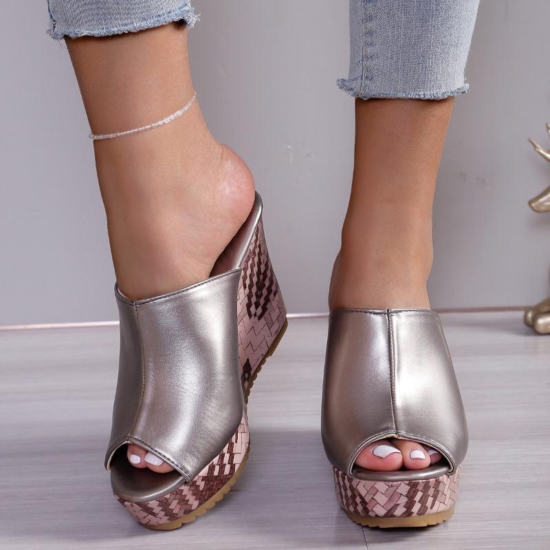 Wedge Heel Slippers Women's New Soft Leather Waterproof Table Super High Heel Thick Bottom Fish Mouth One Word Cool Slippers