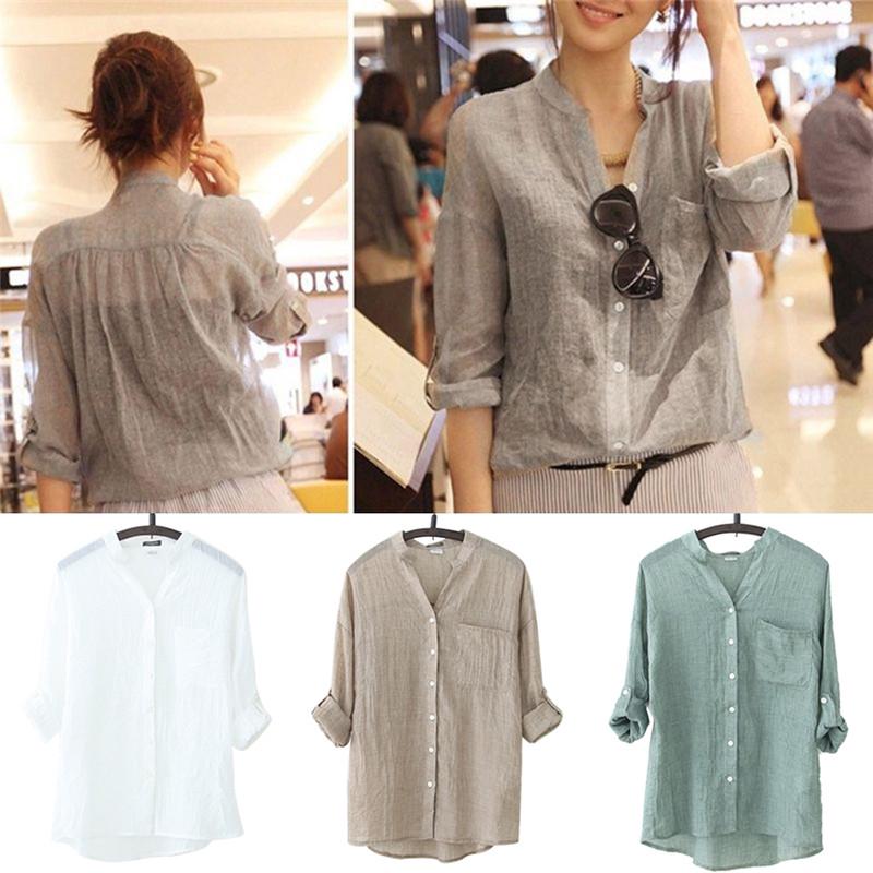 Women Autumn Tops Linen Button Down Loose Casual Career Shirt Long Sleeve Blouse