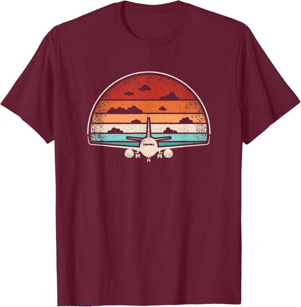 Retro Airplane Sunset Graphic Tee Men's Casual Breathable Cotton T-Shirt Pilot Aviator Flying