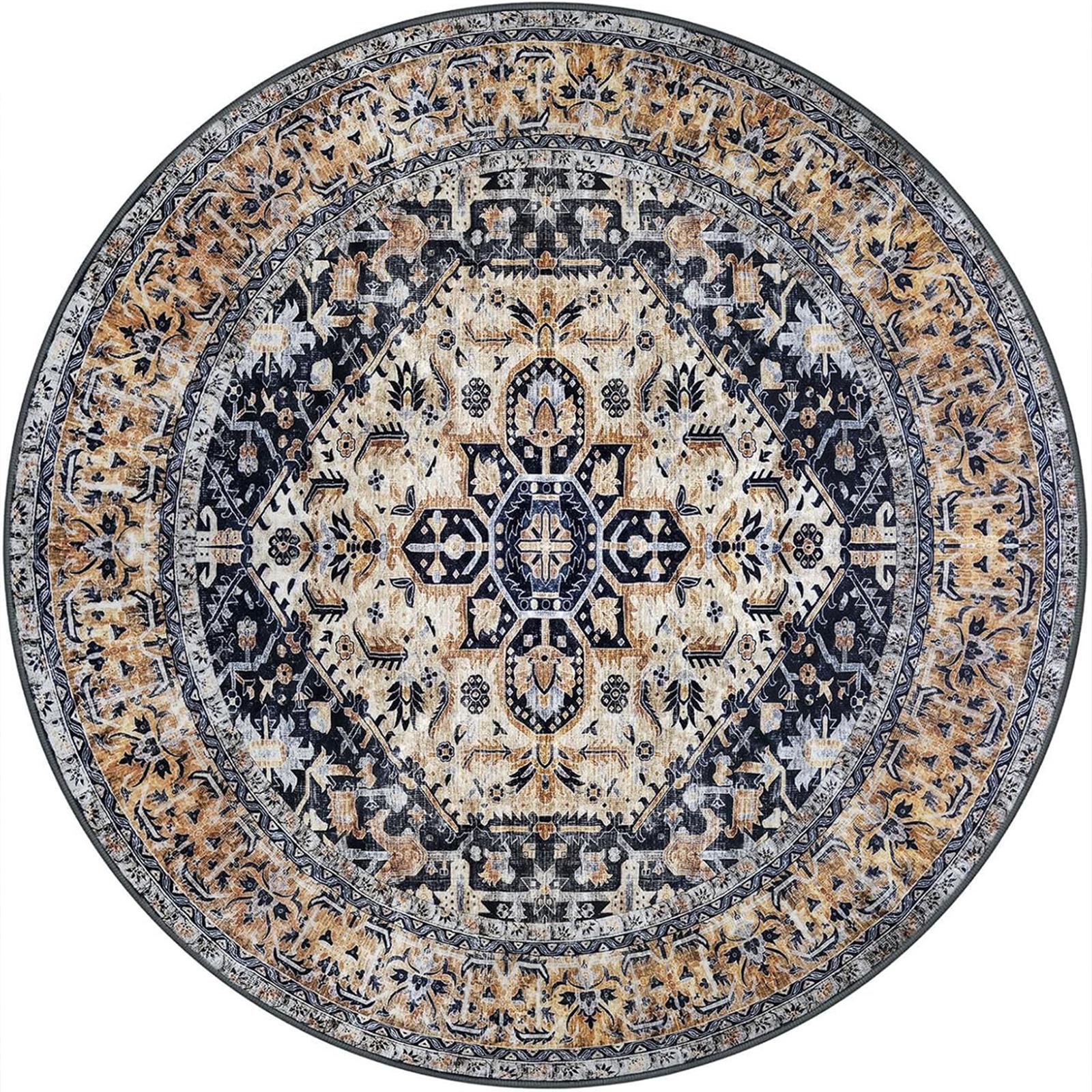 

Round Classic Floral Carpet - Symmetrical Motif in Cream/Deep Blue, Timeless Elegant Rug for Living Room, Handcrafted Decor 80cm