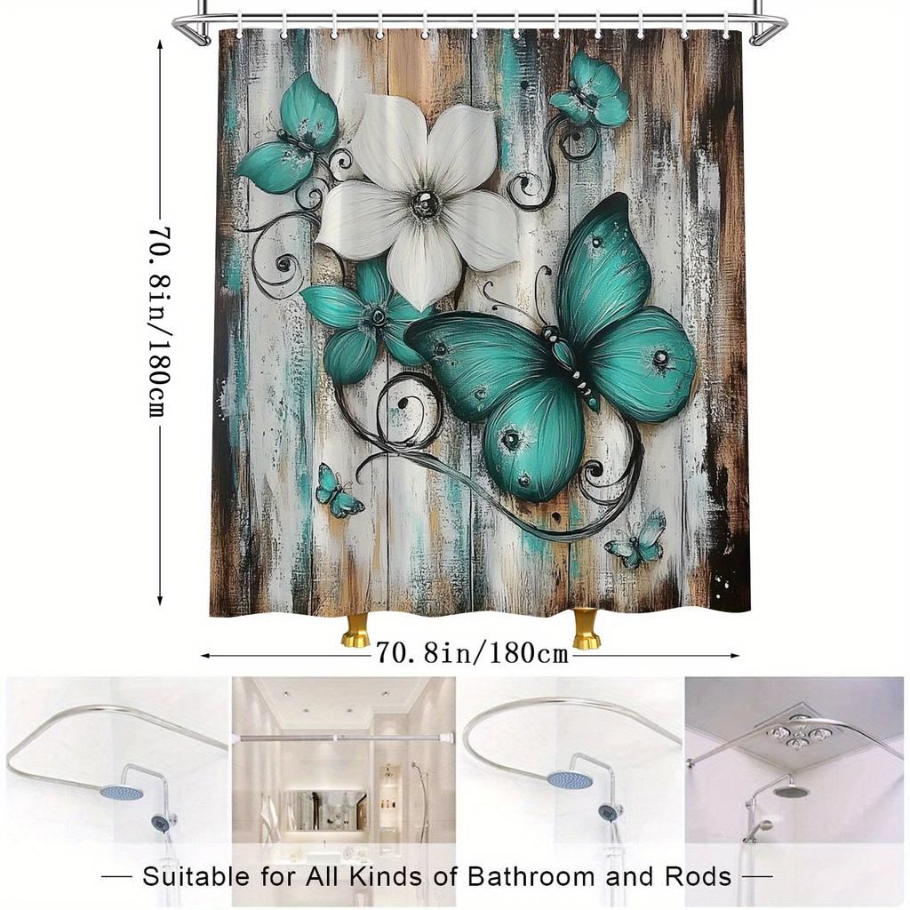 Turquoise Butterfly Digital Art Shower Curtain - Rustic Wood Background, Water-Resistant Polyester