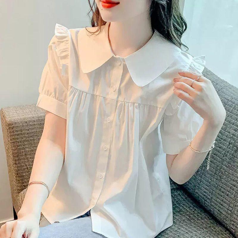Women's Short Sleeved Chiffon Shirt Loose Doll Collar Shirt Top