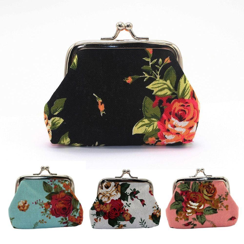 Portable Mini Coin Purse Canvas Rose Floral Print Clutch Wallet Metal Hasp Credit Card Holder for Women
