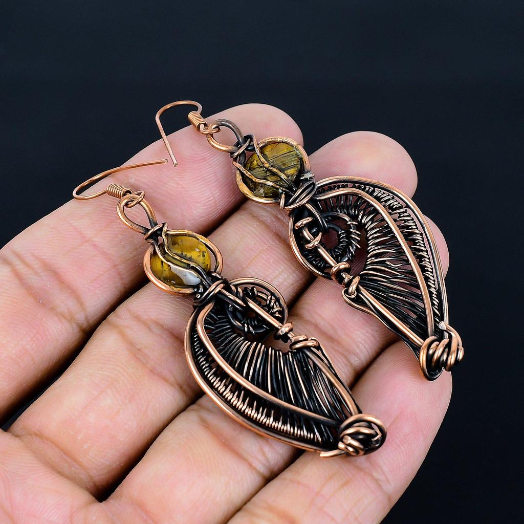 Tiger's Eye 999 Copper Wire Wrapped Earrings, Handmade Gemstone Earrings, Gift For Mom Antique Jewelry