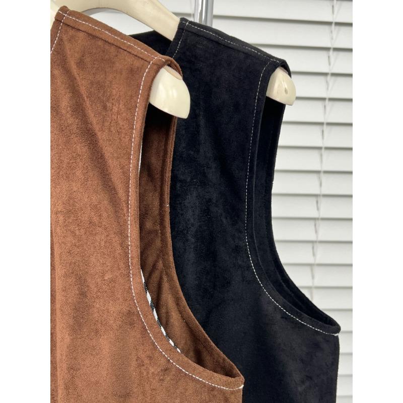 Women Plus Size Contrast Stitch Suede Sleeveless Casual Vest Outerwear