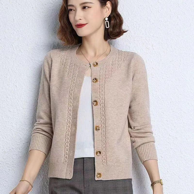Stilig cardigan for kvinner høstklær elegant genserjakke løs rund hals strikket cardigan