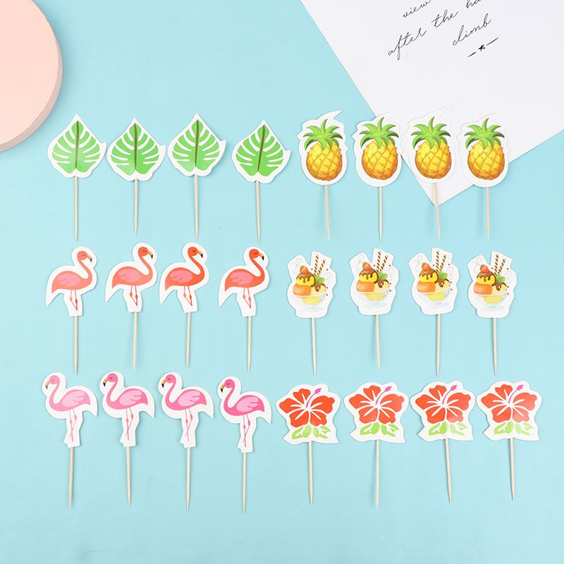 24Pcs Luau Cupcake Toppers Hawaiian Toothpicks With Flamingo Pineapple Palm Leaves Shape Picks Tropical Summer Beach Party Decor
