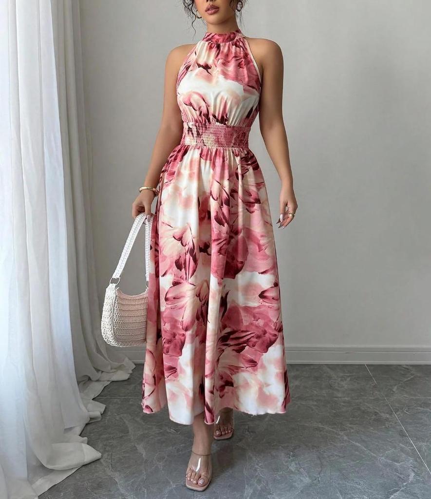 Women's Halter Neck Ruched Waist Sleeveless Ruffle Dress for Summer 2026